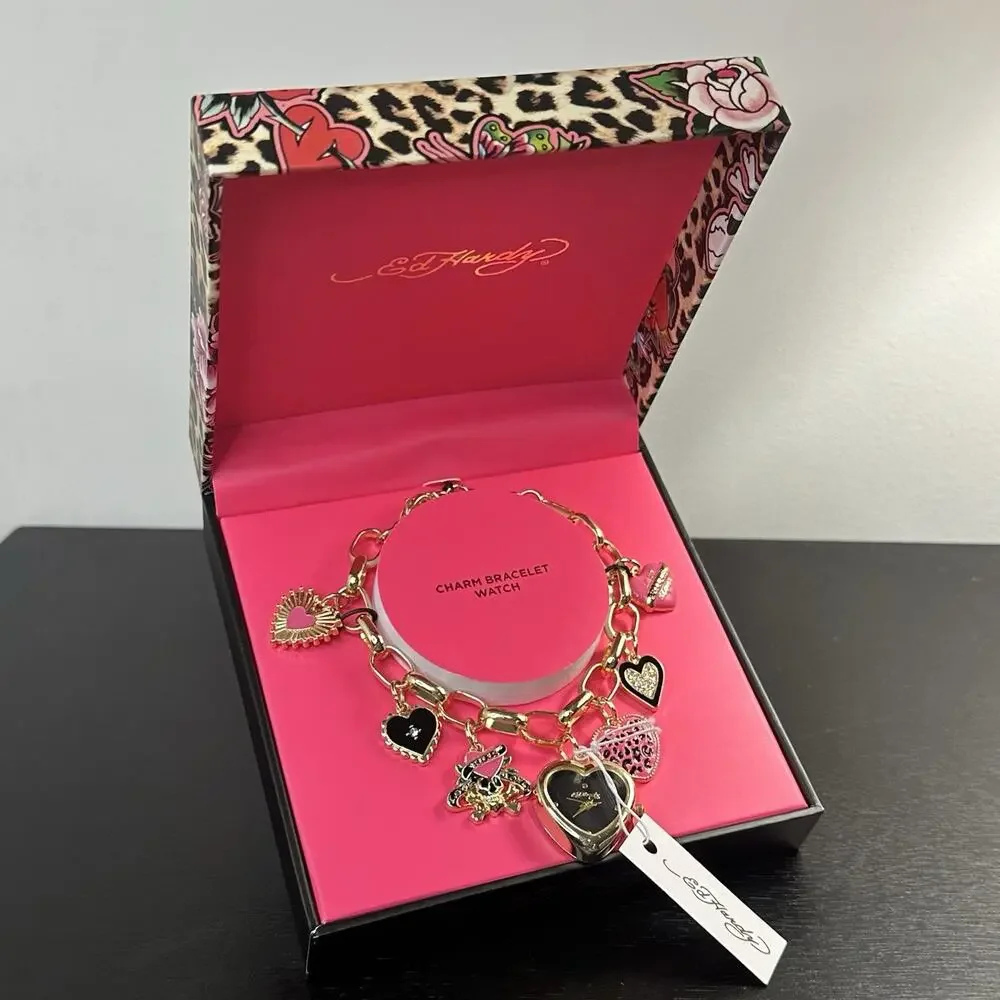 Ed Hardy NIB Gold Heart Charm Watch Bracelet Jewelry Y2K 2000s Style